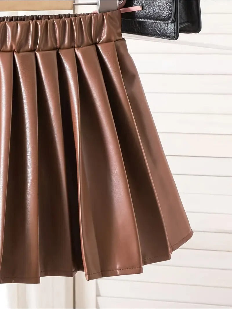 3pcs ' Elegant Winter Fur-like Coat & Skirt Set with Bow Detailing