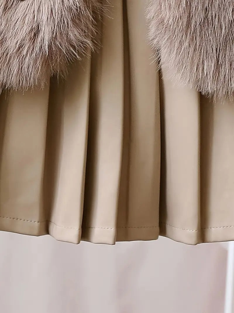 3pcs ' Elegant Winter Fur-like Coat & Skirt Set with Bow Detailing