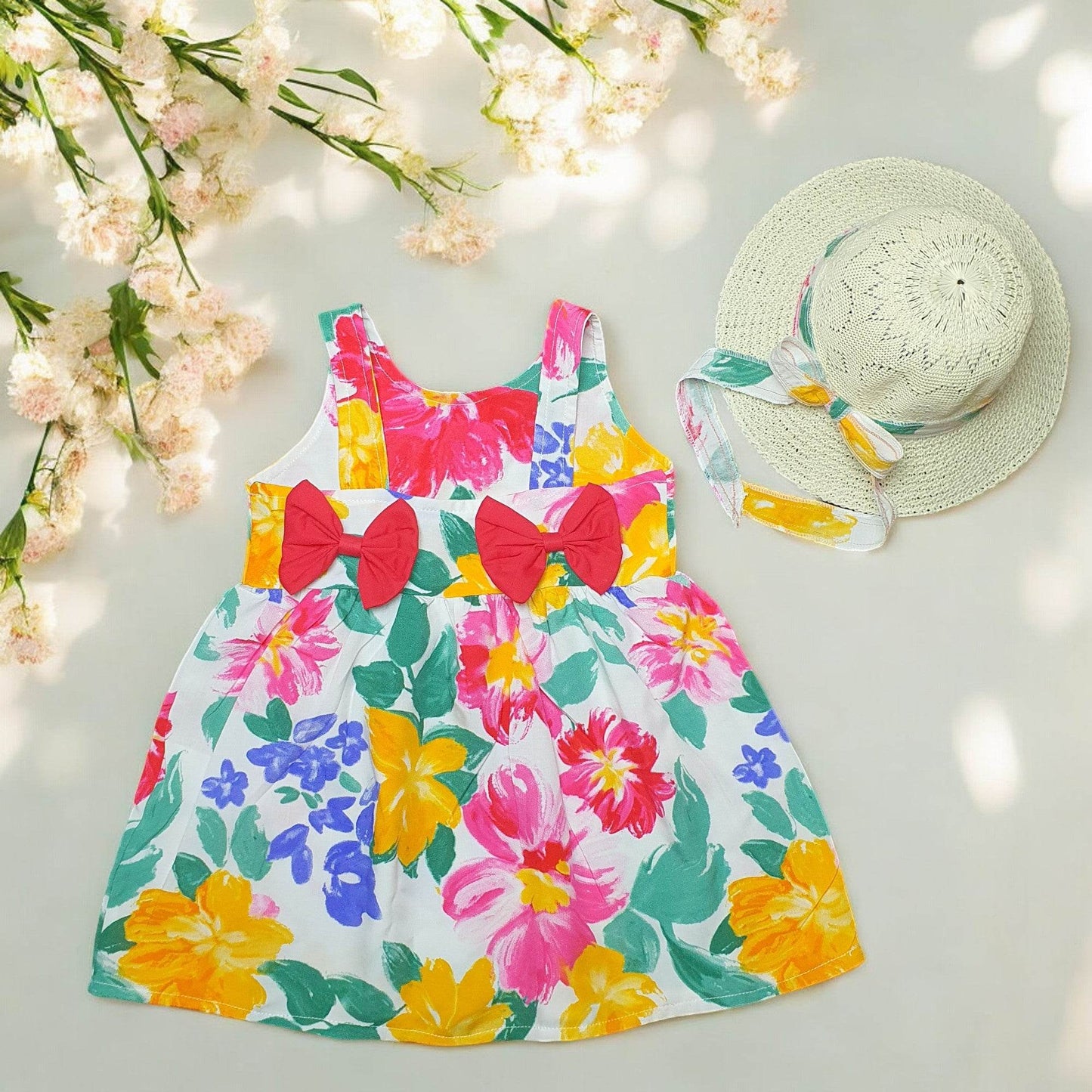 Colorful floral dress, and sun hat - IRRAKIDS