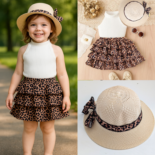 Tenue enfant à imprimé léopard vintage – Ensemble 3 pièces sans manches en coton