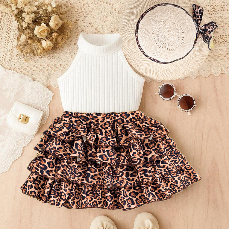 Tenue enfant à imprimé léopard vintage – Ensemble 3 pièces sans manches en coton