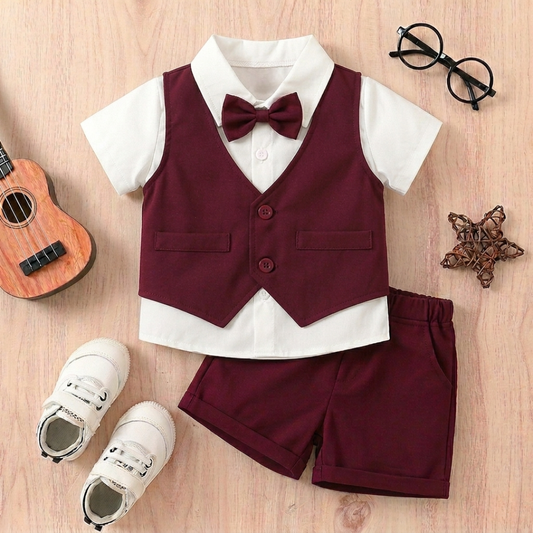 Boys Formal Outfit Set – Elegant Shirt, Vest & Shorts with Bow Tie