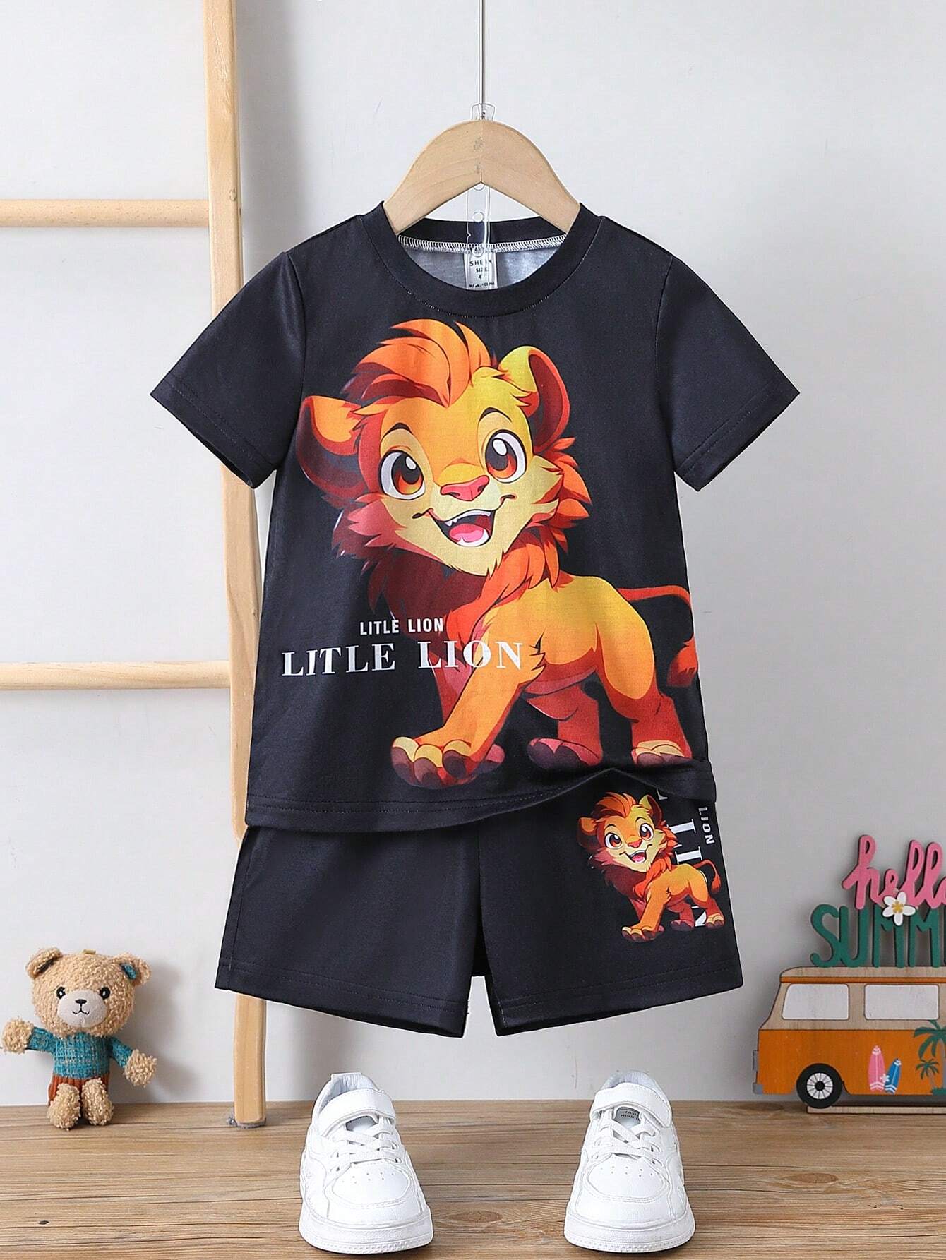 Ensemble de t-shirt à manches courtes à motif de lion de dessin animé pour petits garçons