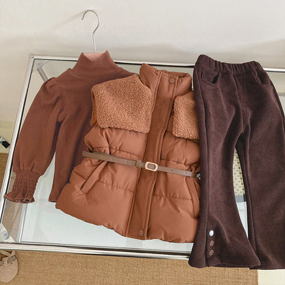Stylish Winter Outfit for Kids – Puffer Jacket with Belt & Corduroy Pants