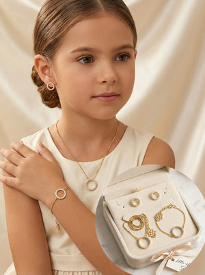 Girls' 3-Piece Gold Anti-Tarnish Jewelry Set - Diamond Circle & Hamsa Hand Motif Necklace, Bracelet, and Earrings