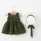 100% CottonTwo Pcs Green Leopard Square Neck Sleeveless Bowknot Dress with Hat Set - IRRAKI