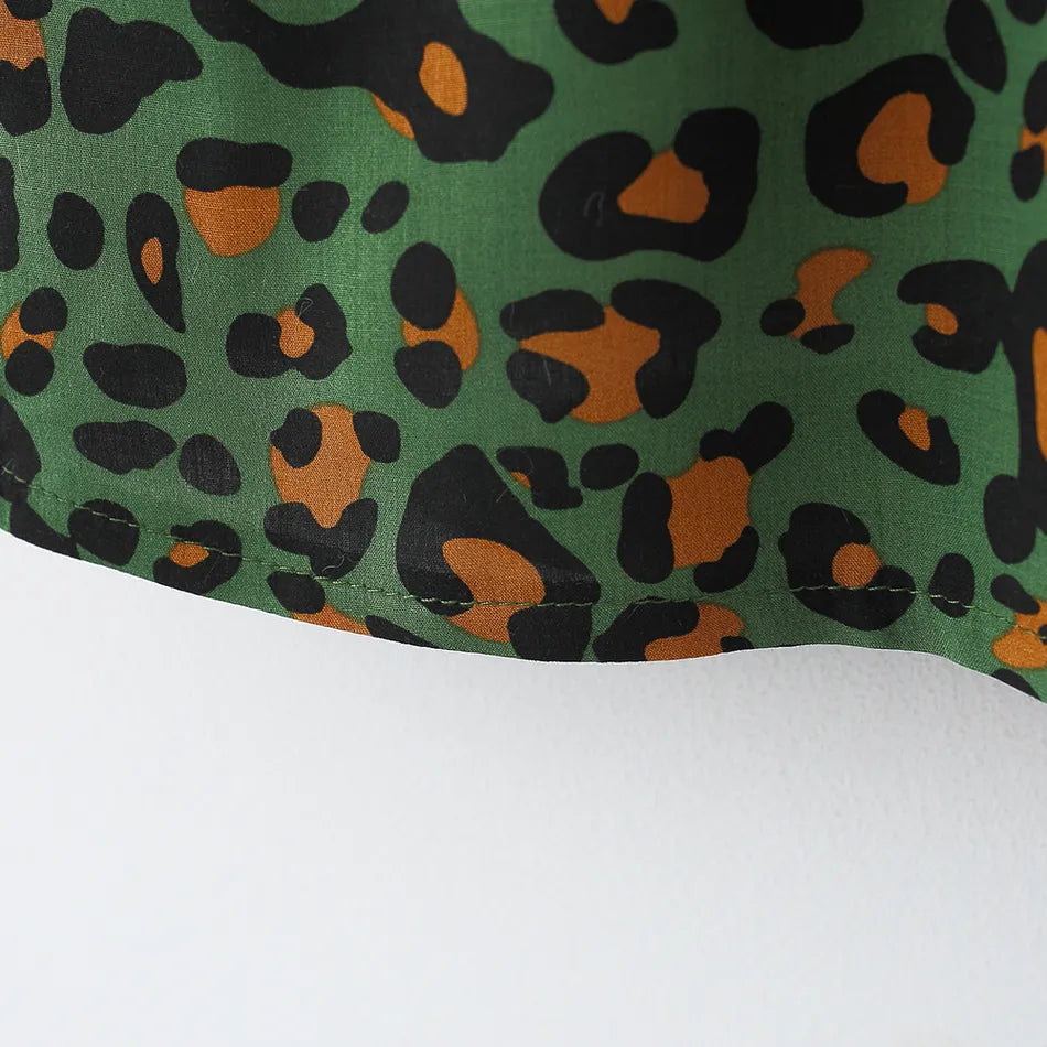 100% CottonTwo Pcs Green Leopard Square Neck Sleeveless Bowknot Dress with Hat Set - IRRAKI
