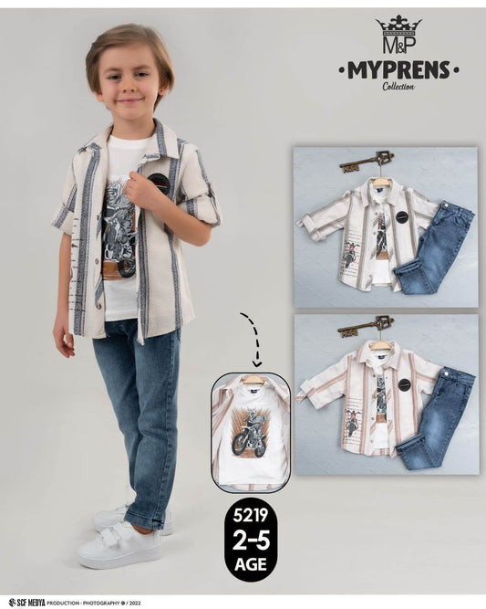 Triple Threat Kid's Fashion Set: Jeans, Cool Print T-Shirt, and Trendy Buttoned Top - IRRAKIDS