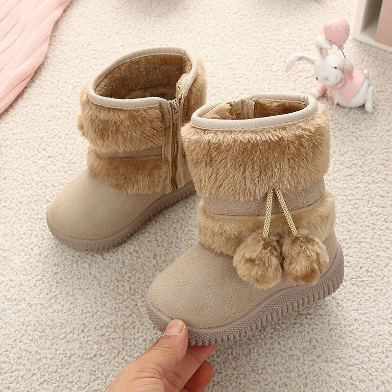 2022 New Winter Furry Boots with Cute Hairball School Warm Fur Shoes