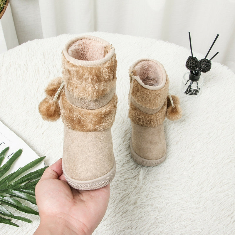 2022 New Winter Furry Boots with Cute Hairball School Warm Fur Shoes