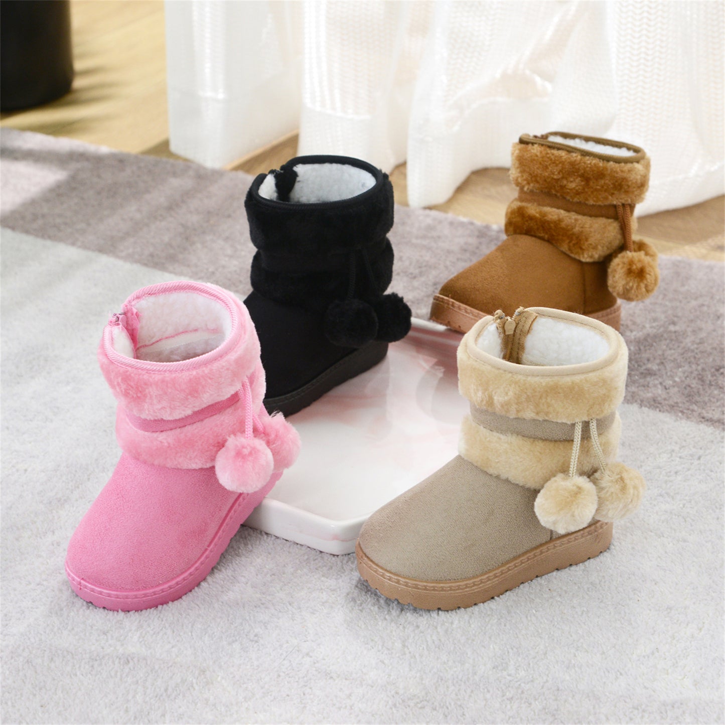 New Winter Furry Boots with Cute Hairball School Warm Fur Shoes