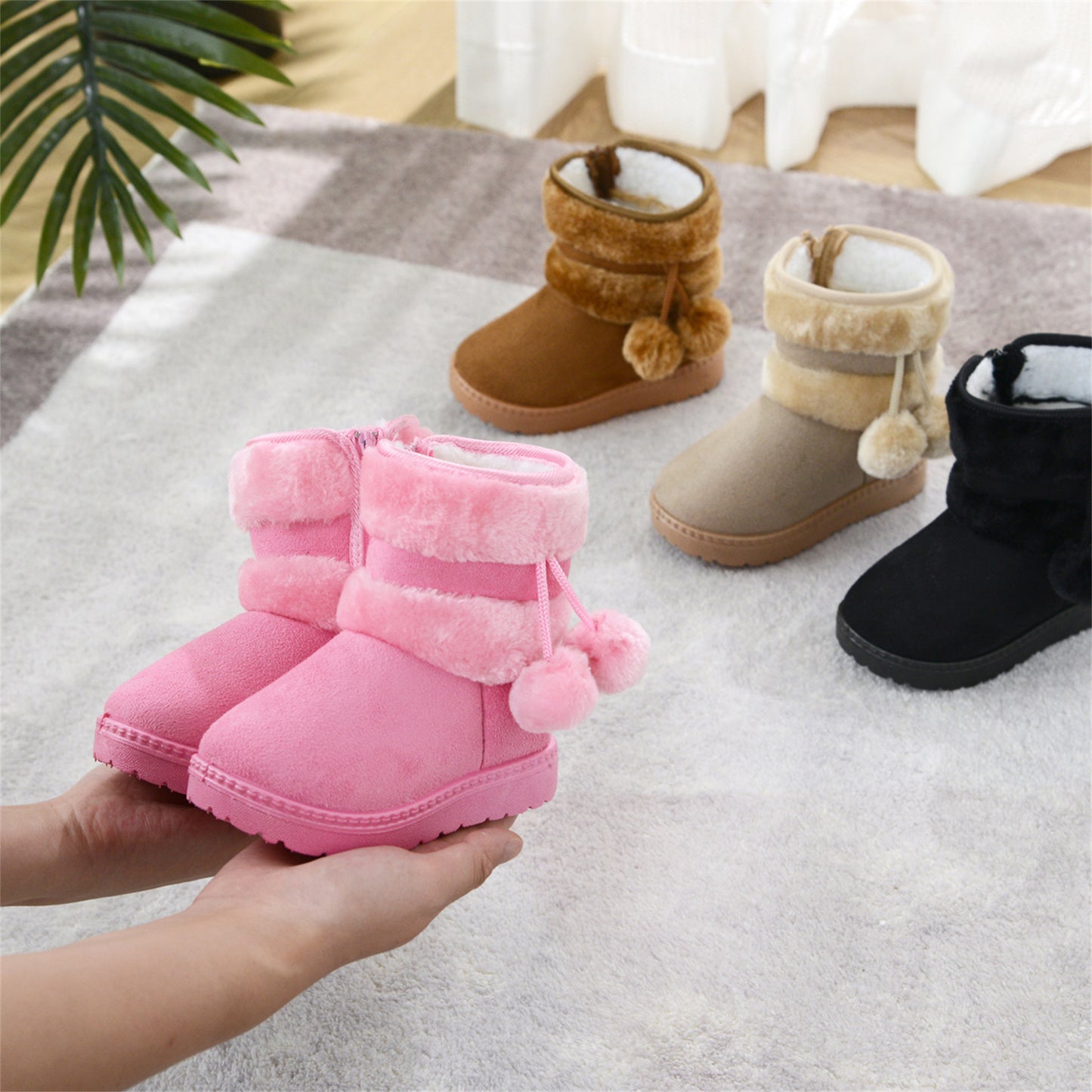 New Winter Furry Boots with Cute Hairball School Warm Fur Shoes